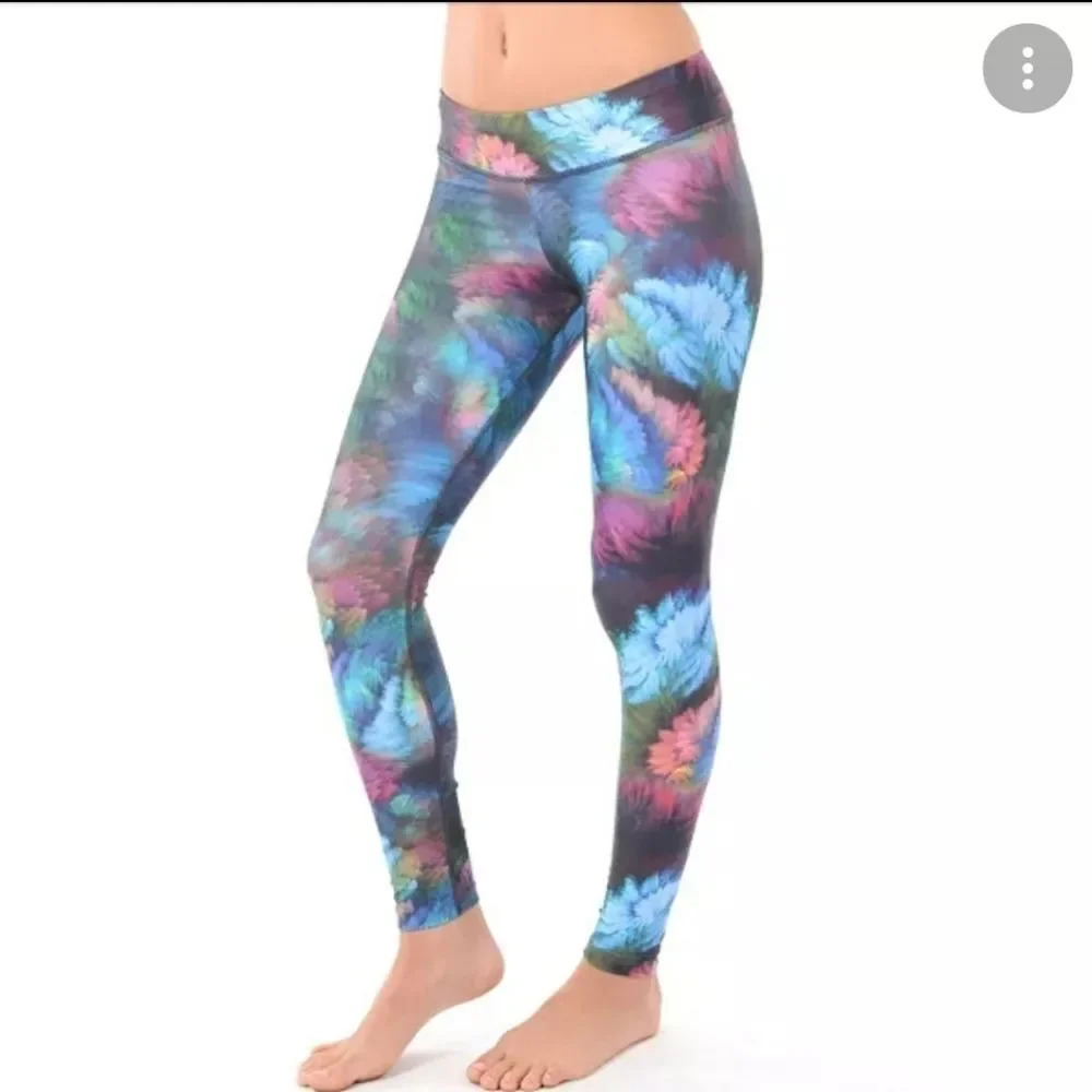 NUX Tie Dye Feather Print Leggings M Blue Purple Yoga USA NWOT